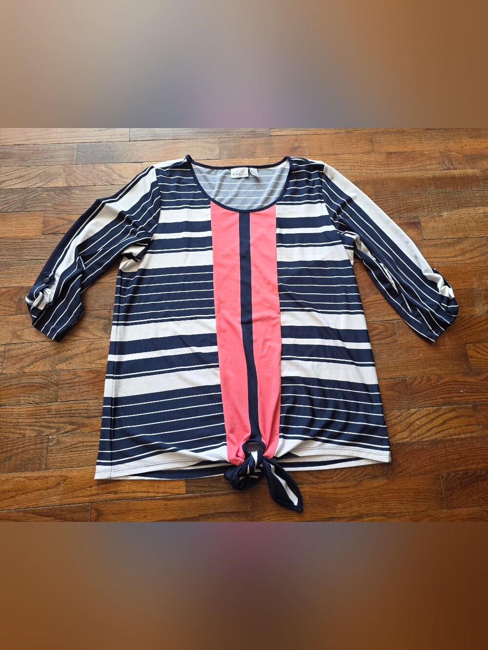 Kim Rogers Navy, White & Coral Striped Tie-Front Blouse